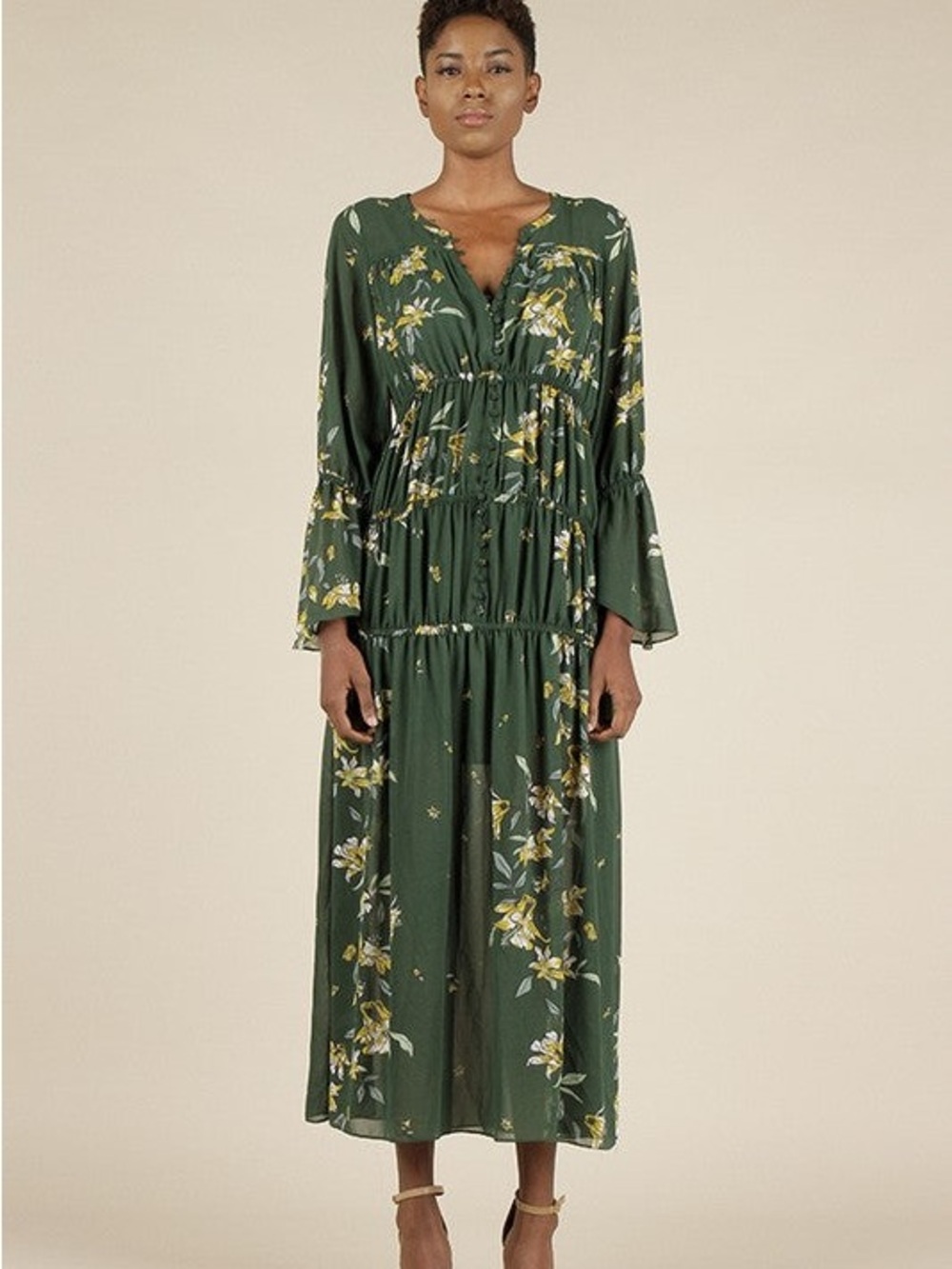 Green Floral V-Neck Tiered Maxi Dress
